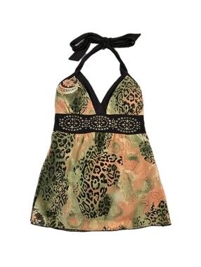 Y2k Babydoll Halter Top Fairy Grunge Studded Tie Waist Brown Orange Animal Print